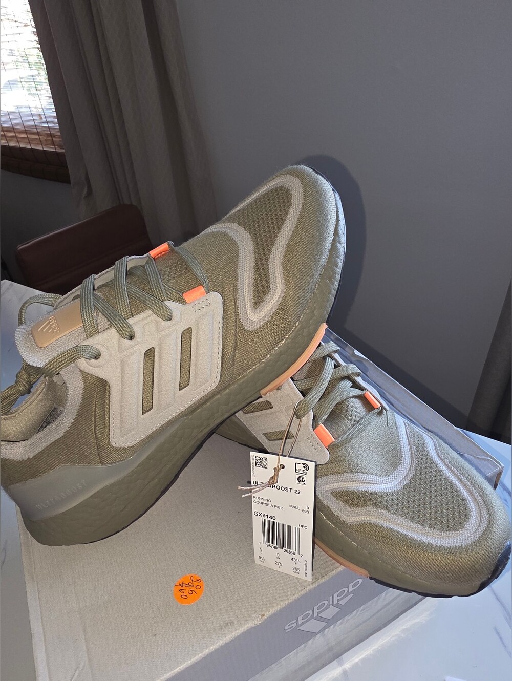 Adidas Ultra boost Olive Green and Cream Running Sneakers with Orange Accents